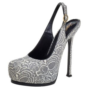 Saint Laurent Paris Cream/Black Printed Python Embossed Leather Tribtoo Slingback Platform Sandals Size 38.5, Sandals - Luxury Closet
