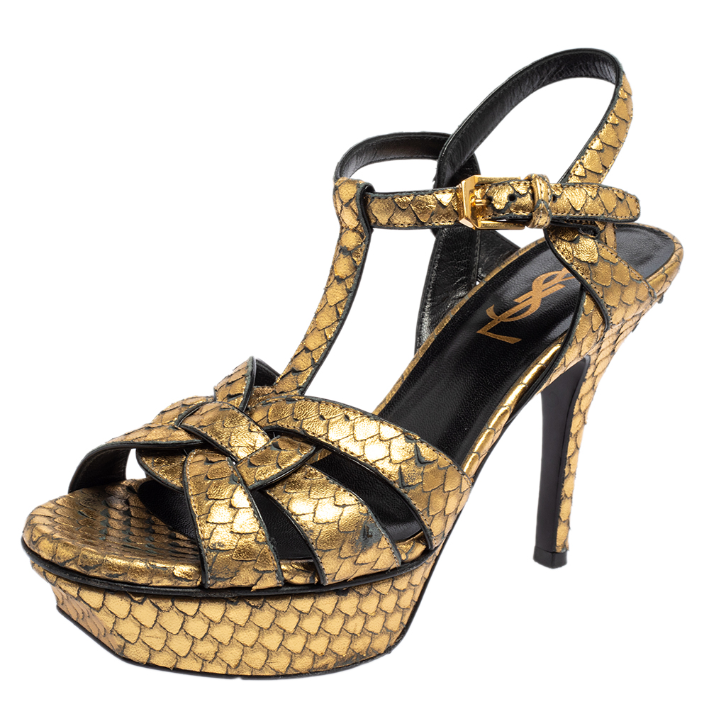 Saint Laurent Gold Python Embossed Leather Tribute Platform Ankle Strap Sandals Size 35, Sandals - Luxury Closet