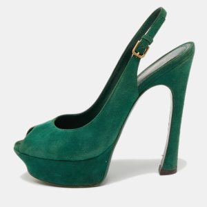 Saint Laurent Green Suede Platform Slingback Sandals Size 37, Sandals - Luxury Closet