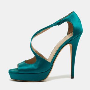 Saint Laurent Teal Satin Cross Strap Platform Sandals Size 38, Sandals - Luxury Closet