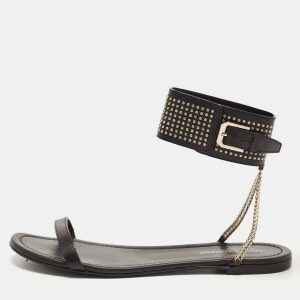 Saint Laurent Black Leather Studded Ankle Cuff Flat Sandals Size 36, Sandals - Luxury Closet