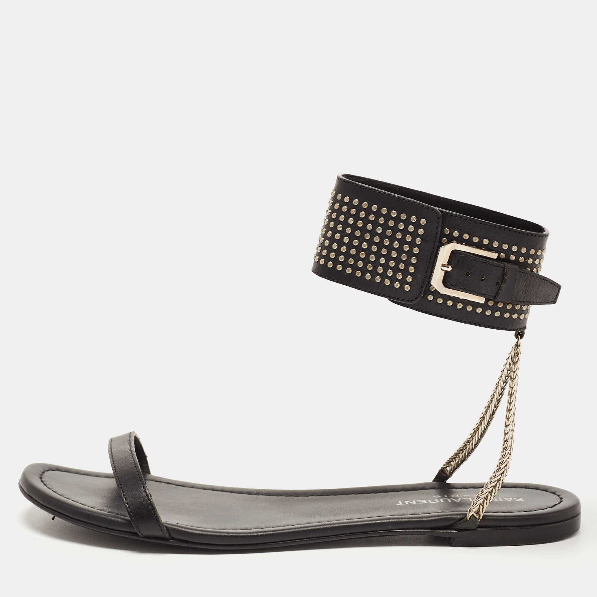 Saint Laurent Black Leather Studded Ankle Cuff Flat Sandals Size 36, Sandals - Luxury Closet