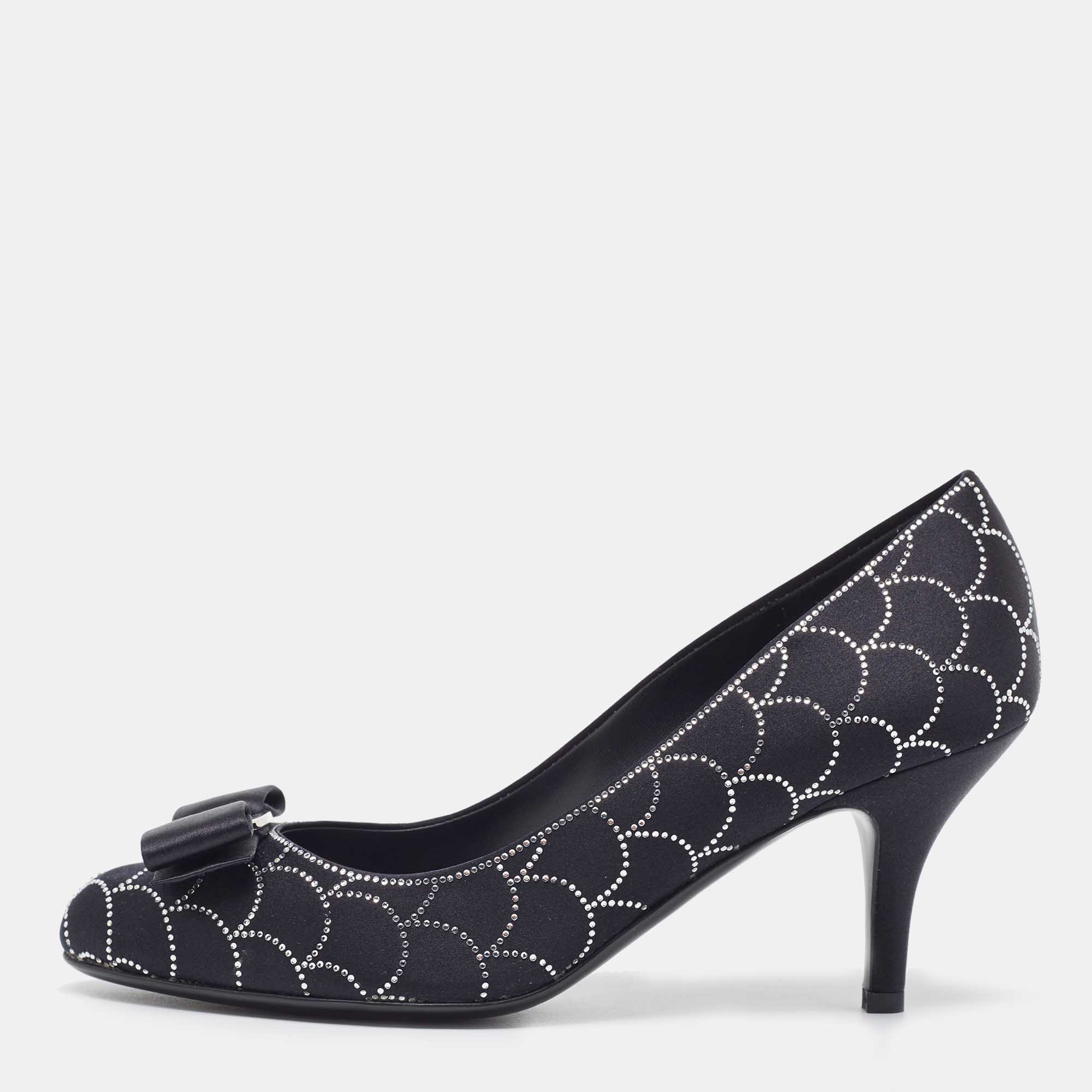Salvatore Ferragamo Black Satin Vara Crystal Embellished Bow Pumps Size 37, Pumps - Luxury Closet catalog