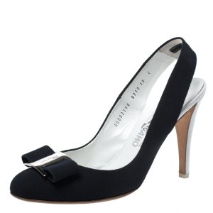 Salvatore Ferragamo Navy Blue Canvas and Croc Embossed Leather Vara Bow Slingback Sandals Size 40.5, Sandals - Luxury Closet