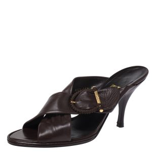Salvatore Ferragamo Dark Brown Leather Criss Cross Buckle Sandals Size 41, Sandals - Luxury Closet