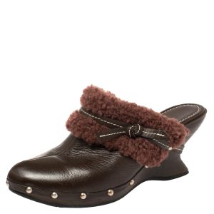 Salvatore Ferragamo Brown Leather And Faux Fur Studded Clog Mules Size 38.5, Sandals - Luxury Closet