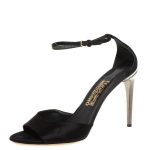 Salvatore Ferragamo Black Satin Embellished Heel Ankle Strap Sandals Size 40, Sandals - Luxury Closet