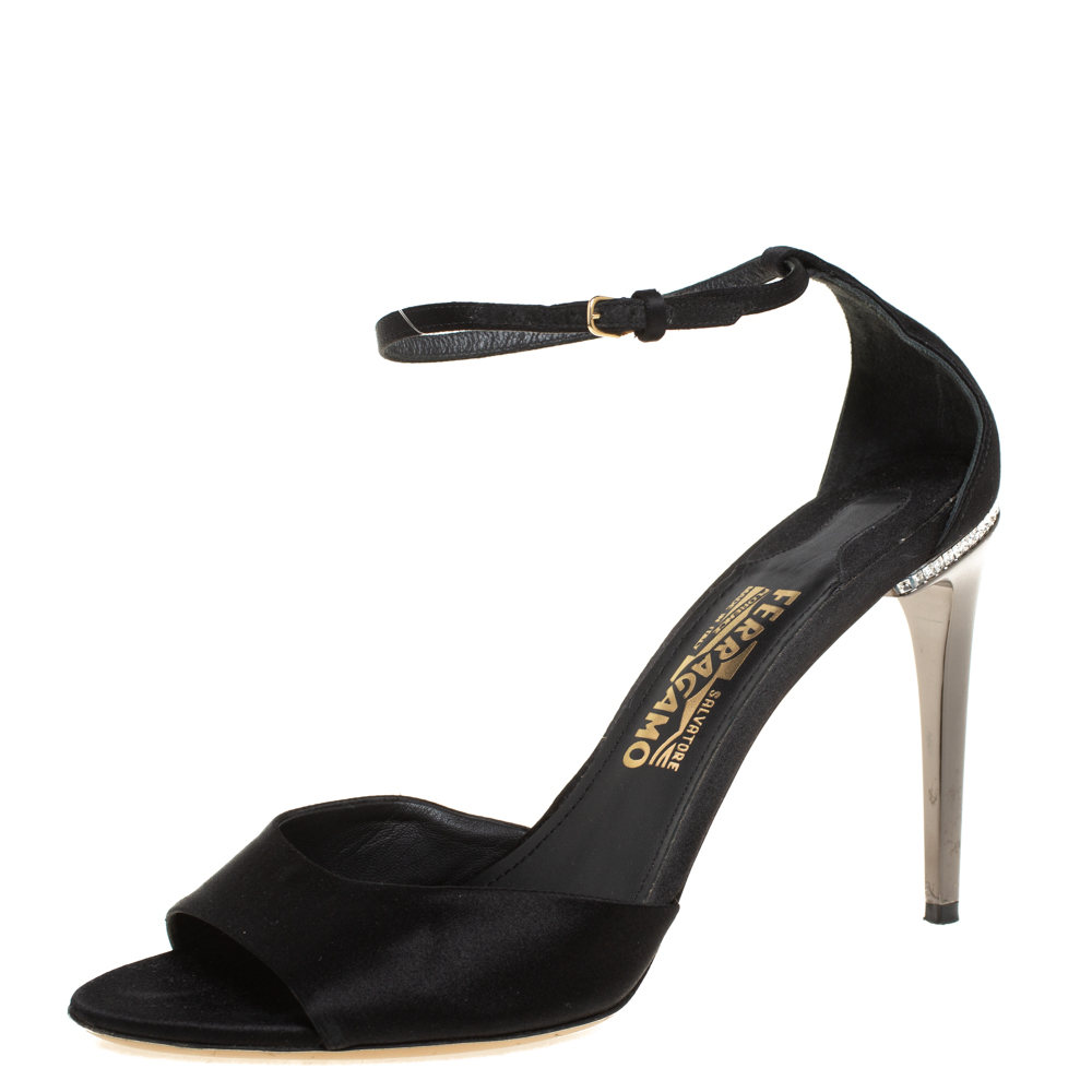 Salvatore Ferragamo Black Satin Embellished Heel Ankle Strap Sandals Size 40, Sandals - Luxury Closet