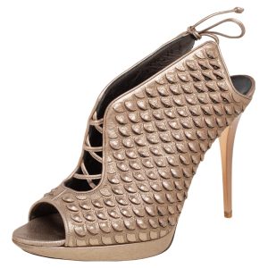 Salvatore Ferragamo Metallic Beige Python Embossed Leather Studded Slingback Sandals Size 39, Sandals - Luxury Closet
