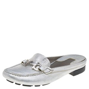 Salvatore Ferragamo Silver Leather Gancini Slip On Mules Size 38.5, Sandals - Luxury Closet