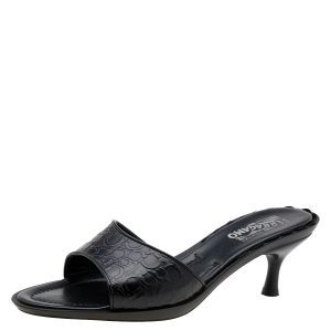 Salvatore Ferragamo Black Gancini Embossed Leather Slide Sandals Size 40, Sandals - Luxury Closet