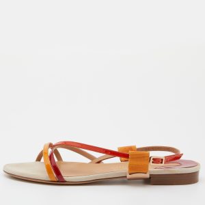 Salvatore Ferragamo Multicolor Patent Leather Strappy Slingback Flat Sandals Size 38.5, Sandals - Luxury Closet