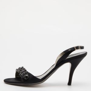 Salvatore Ferragamo Black Satin Crystal Embellished Ankle Strap Sandals Size 40, Sandals - Luxury Closet