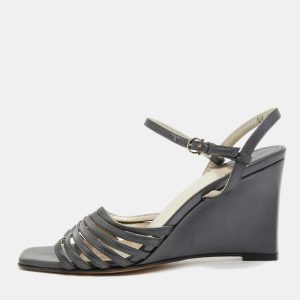 Salvatore Ferragamo Grey Leather Strappy Wedge Sandals Size 36.5, Sandals - Luxury Closet