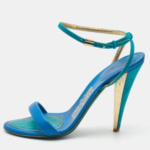 Salvatore Ferragamo Blue/Green Leather and Suede Ankle Strap Sandals Size 37.5, Sandals - Luxury Closet