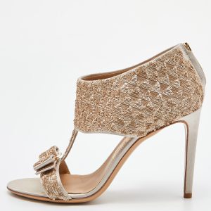Salvatore Ferragamo Beige Sequins and Satin Vara Bow Ankle Strap Sandals Size 39, Sandals - Luxury Closet