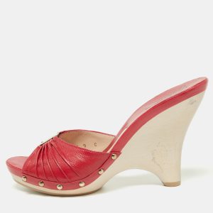 Salvatore Ferragamo Red Leather Wedge Slide Sandals Size 39.5, Sandals - Luxury Closet