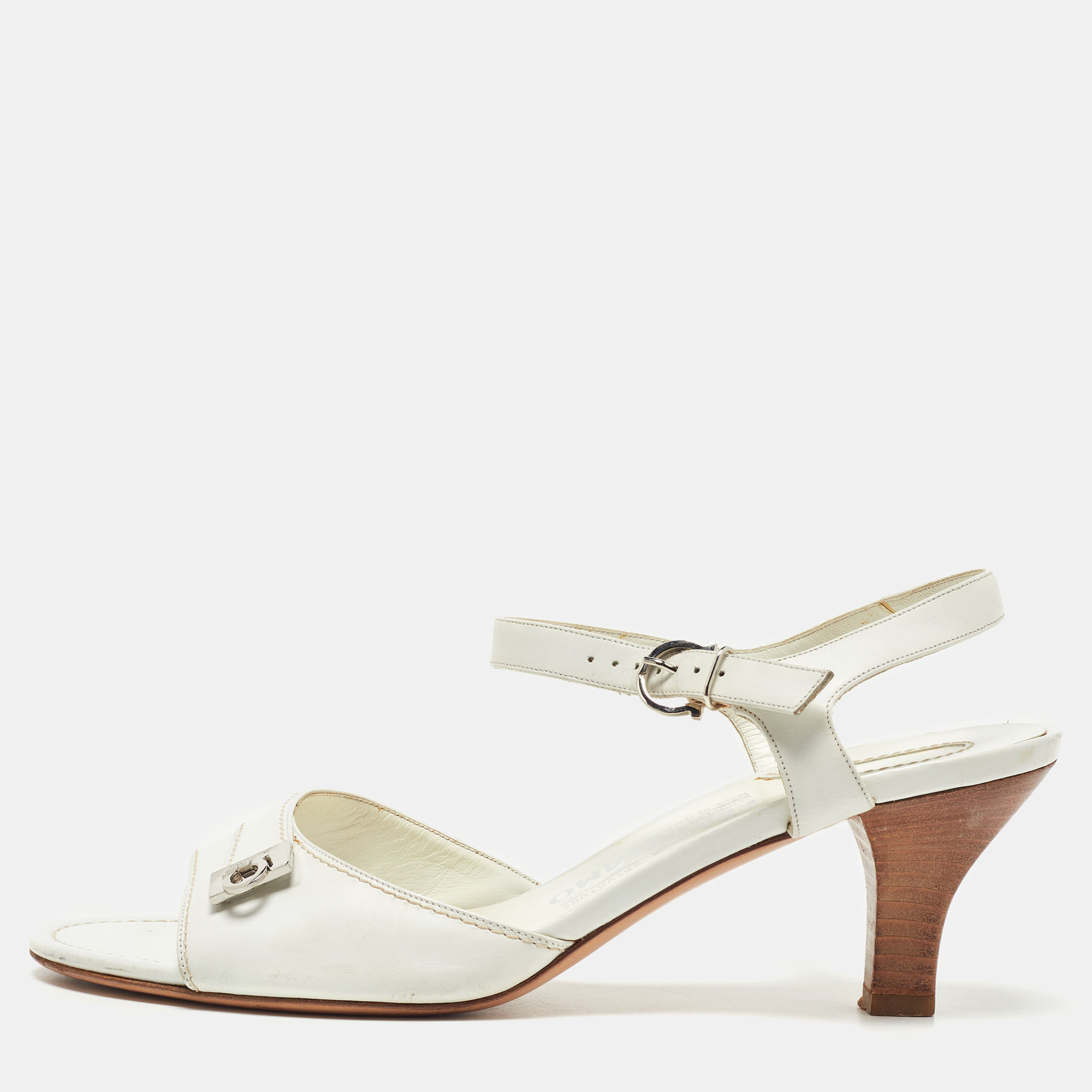 Salvatore Ferragamo White Leather Ankle Strap Sandals Size 39, Sandals - Luxury Closet