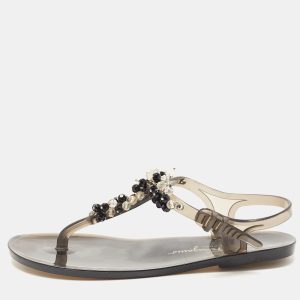 Salvatore Ferragamo Black PVC Embellished Flat Sandals Size 39.5, Sandals - Luxury Closet