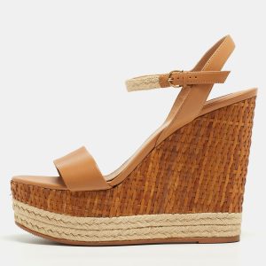 Salvatore Ferragamo Beige Leather and Raffia Marlene Wedge Sandals Size 39, Sandals - Luxury Closet