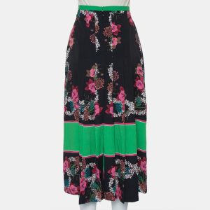 Sandro Black & Green Printed Chiffon Pleated Midi Skirt L, Skirts - Luxury Closet catalog