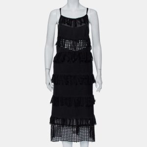 Sea Black Cotton Cutwork Paneled Fringed Midi Dress M, Dresses - Luxury Closet