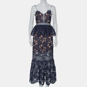 Self Portrait Navy Blue Lace Ruffled Amaryllis Sheer Column Dress M, Dresses - Luxury Closet catalog