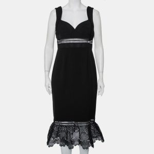 Self-Portrait Black Crepe Lace Trim Detail Olivia Midi Dress L, Dresses - Luxury Closet