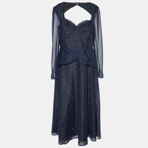 Self-Portrait Navy Blue Metallic Fil Coupe Midi Dress L, Dresses - Luxury Closet