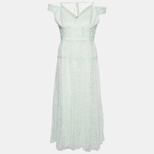 Self-Portrait Mint Green Lace Off Shoulder Midi Dress L, Dresses - Luxury Closet