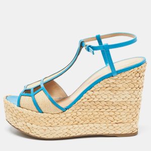 Sergio Rossi Blue/Beige Leather and Raffia Ankle Strap Espadrille Wedge Sandals Size 39.5, Sandals - Luxury Closet
