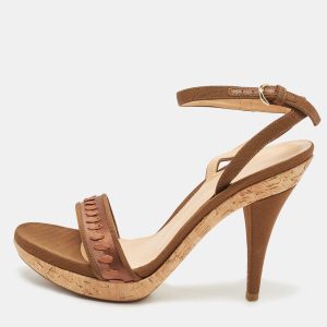Sergio Rossi Brown Canvas Ankle Strap Sandals Size 37.5, Sandals - Luxury Closet