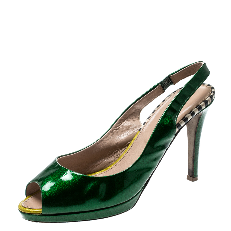 Sergio Rossi Green Patent Leather Peep Toe Slingback Sandals Size 37, Sandals - Luxury Closet