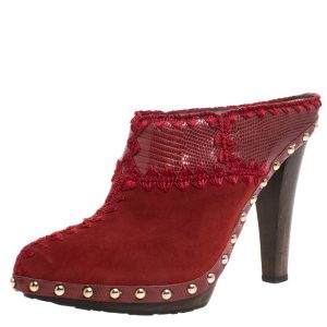 Sergio Rossi Red Wild Stitch Suede and Lizard Embossed Leather Clogs Size 38.5, Sandals - Luxury Closet