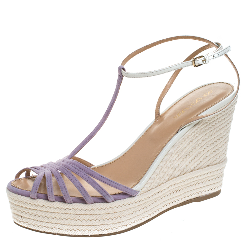 Sergio Rossi Lavender/White Suede and Leather T-Strap Wedge Sandals Size 39.5, Sandals - Luxury Closet