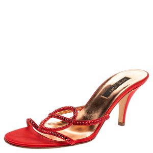 Sergio Rossi Red Satin Crystal Embellished Slip On Sandals Size 37.5, Sandals - Luxury Closet