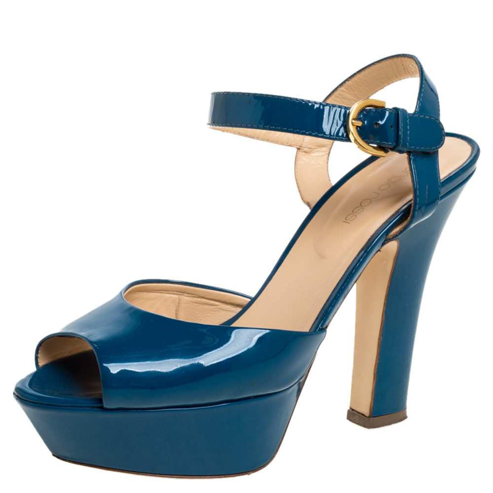Sergio Rossi Blue Patent Leather Platform Peep Toe Ankle Strap Sandals 37, Sandals - Luxury Closet