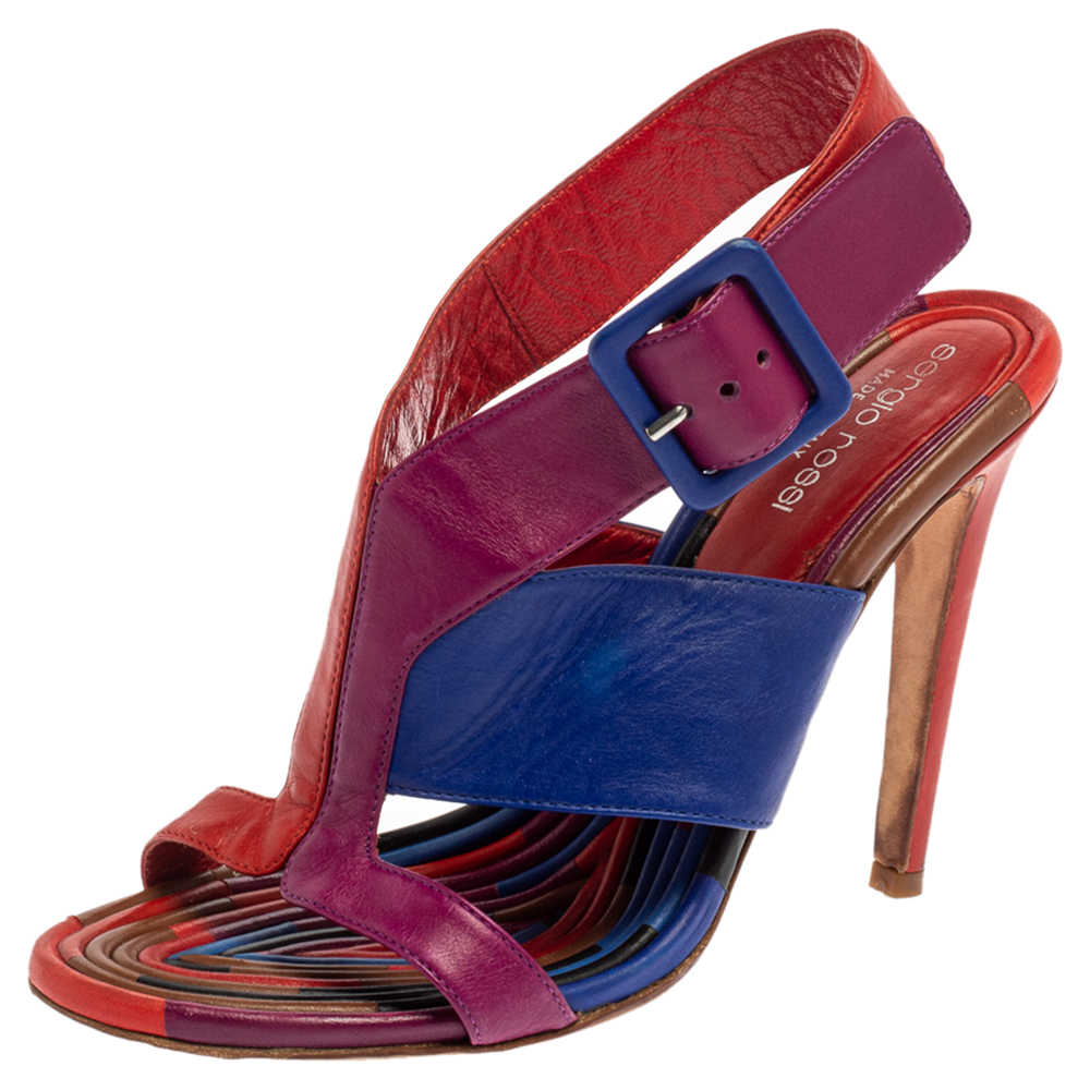 Sergio Rossi Multicolor Leather Buckle Slingback Sandals Size 37.5, Sandals - Luxury Closet