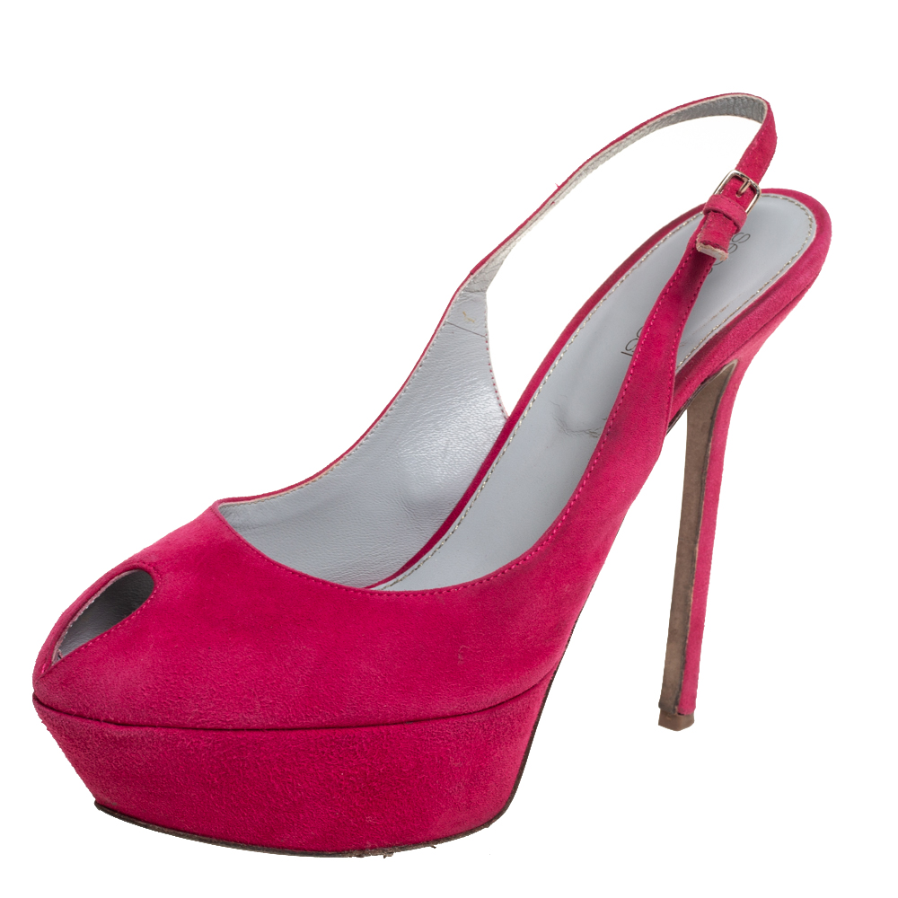 Sergio Rossi Pink Suede Cachet Peep Toe Platform Slingback Sandals Size 39, Sandals - Luxury Closet
