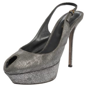 Sergio Rossi Grey/Silver Suede Cachet Peep Toe Platform Slingback Sandals Size 37.5, Sandals - Luxury Closet