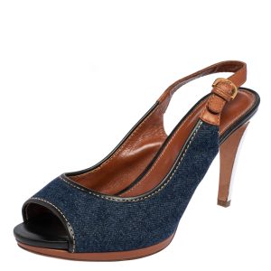 Sergio Rossi Brown/Blue Denim and Leather Peep Toe Slingback Sandals Size 40, Sandals - Luxury Closet