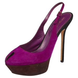 Sergio Rossi Purple Suede Cachet Peep Toe Platform Slingback Sandals Size 37.5, Sandals - Luxury Closet