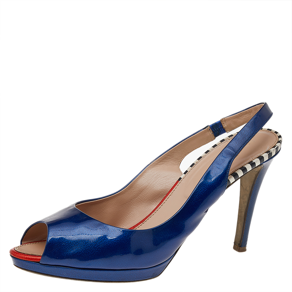 Sergio Rossi Blue Patent Leather Peep Toe Slingback Sandals Size 40, Sandals - Luxury Closet