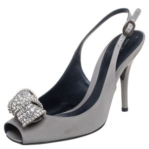 Sergio Rossi Grey Satin Crystal Embellished Knot Peep Toe Slingback Sandals Size 39.5, Sandals - Luxury Closet