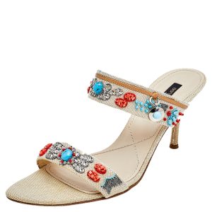 Sergio Rossi Beige Canvas Embellished Slide Sandals Size 39.5, Sandals - Luxury Closet