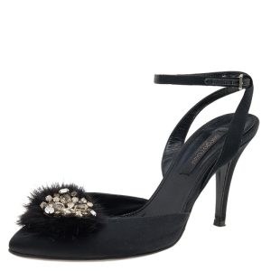 Sergio Rossi Black Fur And Satin Crystal Embellished Pointed Toe Ankle Strap Sandals Size 36, Sandals - Luxury Closet