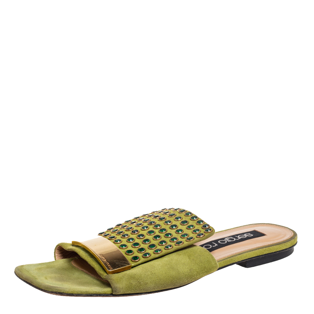 Sergio Rossi Green Suede Studded Flat Slides Size 36.5, Sandals - Luxury Closet