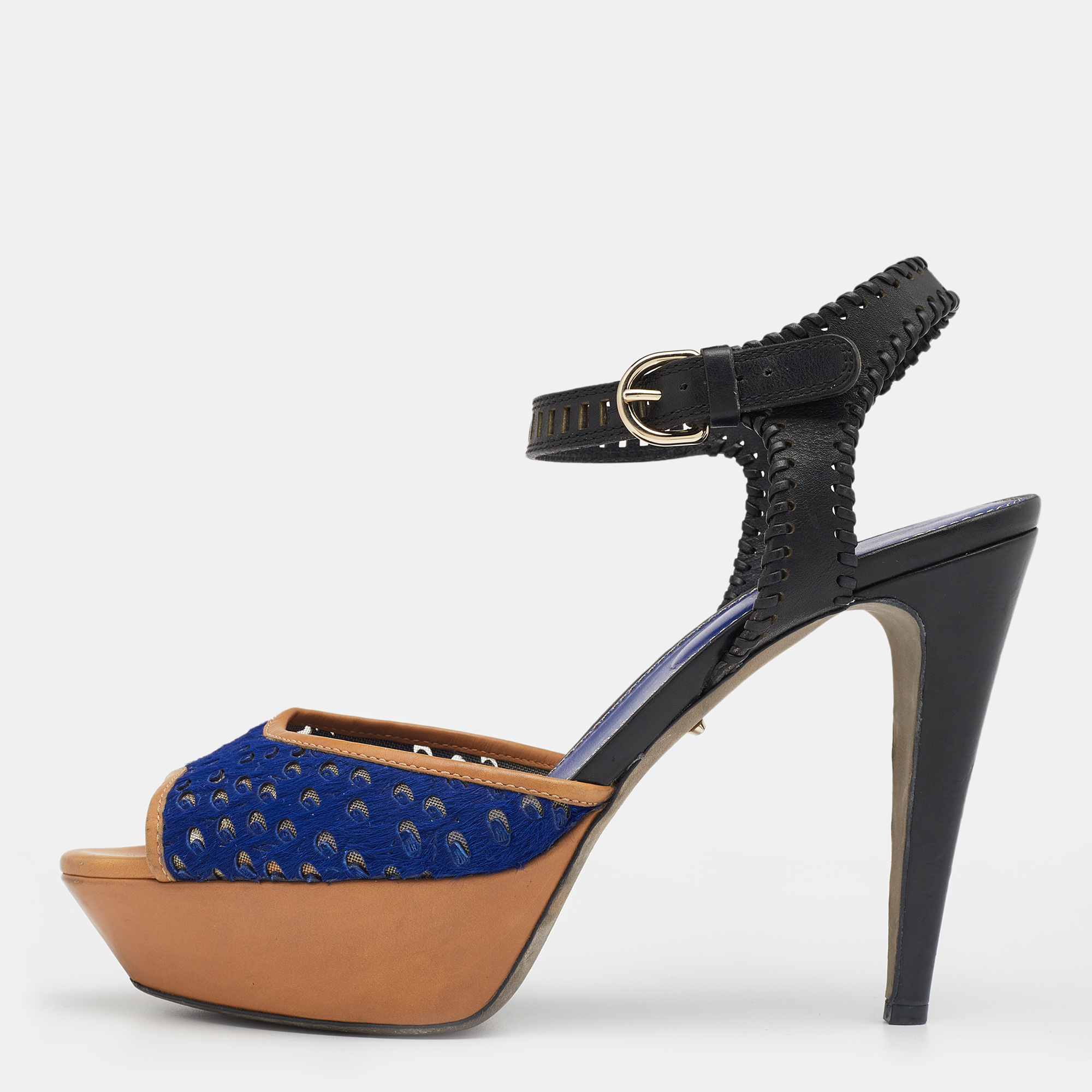 Sergio Rossi Multicolor Leather And Pony Hair Platform Ankle Strap Sandals Size 40, Sandals - Luxury Closet