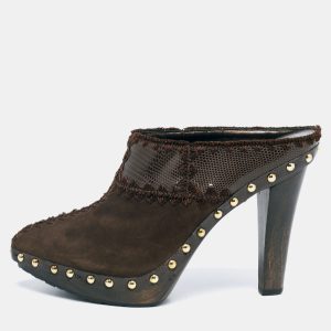Sergio Rossi Brown Lizard Embossed Leather and Suede Studded Platform Mules Size 38, Sandals - Luxury Closet