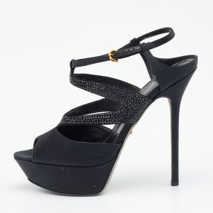Sergio Rossi Black Satin Embellished Ankle Strap Sandals Size 39, Sandals - Luxury Closet